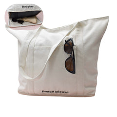 BOLSA TOTE DE PLAYA CREMA DETALLE DE FRASE FONDO FALSO