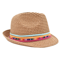 SOMBRERO FEDORA CAFÉ DETALLE DE CINTAS MULTICOLOR PARA NIÑA