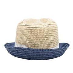 SOMBRERO FEDORA BEIGE Y AZUL DETALLE EN BLANCO PARA NIÑO