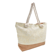 BOLSA TOTE DE PLAYA BEIGE DETALLES TEJIDOS DORADOS FONDO CAFÉ
