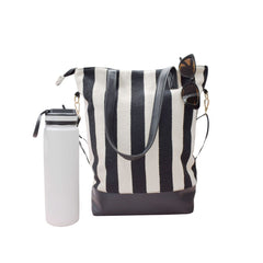 BOLSA CASUAL DE RAYAS NEGRO Y BEIGE CORREA DESMONTABLE