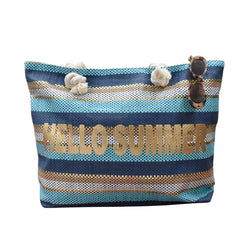 BOLSA TOTE DE PLAYA MULTICOLOR DETALLE DE FRASE EN COLOR DORADO