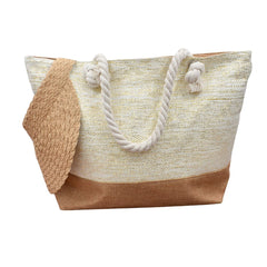 BOLSA TOTE DE PLAYA BEIGE DETALLES TEJIDOS DORADOS FONDO CAFÉ