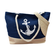 BOLSA TOTE DE PLAYA AZUL MARINO DETALLE DE ANCLA FONDO BEIGE