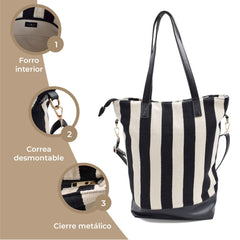 BOLSA CASUAL DE RAYAS NEGRO Y BEIGE CORREA DESMONTABLE
