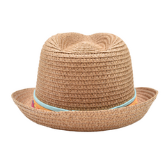 SOMBRERO FEDORA CAFÉ DETALLE DE CINTAS MULTICOLOR PARA NIÑA