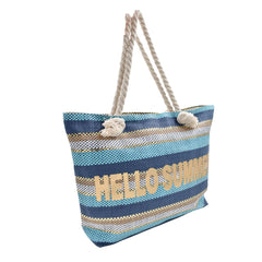 BOLSA TOTE DE PLAYA MULTICOLOR DETALLE DE FRASE EN COLOR DORADO