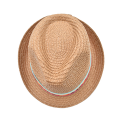 SOMBRERO FEDORA CAFÉ DETALLE DE CINTAS MULTICOLOR PARA NIÑA