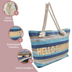 BOLSA TOTE DE PLAYA MULTICOLOR DETALLE DE FRASE EN COLOR DORADO