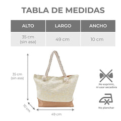 BOLSA TOTE DE PLAYA BEIGE DETALLES TEJIDOS DORADOS FONDO CAFÉ