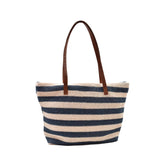 BOLSA DE PLAYA CON LINEAS BLANCAS CON AZÚL ASA CAFÉ