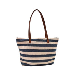 BOLSA DE PLAYA CON LINEAS BLANCAS CON AZÚL ASA CAFÉ