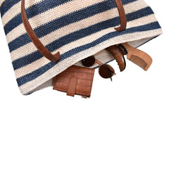 BOLSA DE PLAYA CON LINEAS BLANCAS CON AZÚL ASA CAFÉ