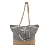 BOLSA TOTE DE PLAYA GRIS DETALLE DE ANCLA EN LENTEJUELA FONDO CAFÉ