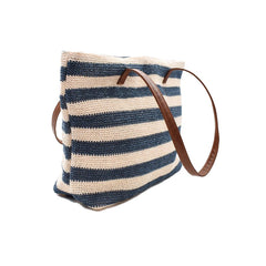 BOLSA DE PLAYA CON LINEAS BLANCAS CON AZÚL ASA CAFÉ