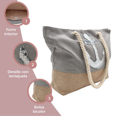 BOLSA TOTE DE PLAYA GRIS DETALLE DE ANCLA EN LENTEJUELA FONDO CAFÉ