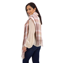 BUFANDA CUADROS BICOLOR CON BARBAS ROSA