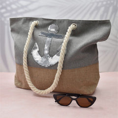 BOLSA TOTE DE PLAYA GRIS DETALLE DE ANCLA EN LENTEJUELA FONDO CAFÉ