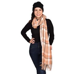BUFANDA DE CUADROS MULTICOLOR CON BARBAS EN RUEDO BEIGE