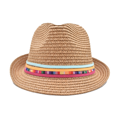 SOMBRERO FEDORA CAFÉ DETALLE DE CINTAS MULTICOLOR PARA NIÑA
