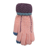 SP!CE | Guantes tejidos rosas con detalle de lineas punteadas color morado y touch en azúl