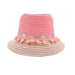 SOMBRERO FEDORA EN TONOS ROSAS DETALLE DE CINTA CON POMPONES NIÑA