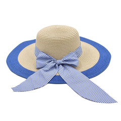 SOMBRERO PAMELA BEIGE DETALLE EN AZUL CINTA DE RAYAS CON MOÑO