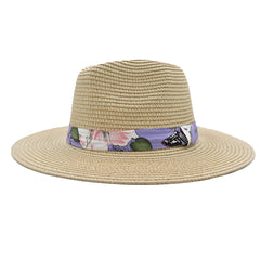 SOMBRERO FEDORA COLOR BEIGE DETALLE DE CINTA FLORAL LILA