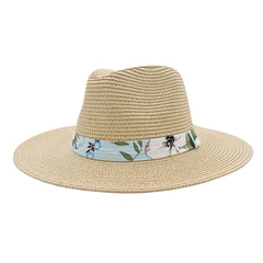 SOMBRERO FEDORA COLOR BEIGE DETALLE DE CINTA FLORAL AZUL