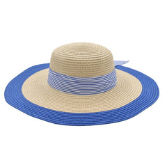 SOMBRERO PAMELA BEIGE DETALLE EN AZUL CINTA DE RAYAS CON MOÑO