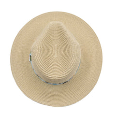 SOMBRERO FEDORA COLOR BEIGE DETALLE DE CINTA FLORAL AZUL