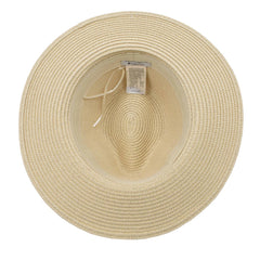 SOMBRERO FEDORA COLOR BEIGE DETALLE DE CINTA FLORAL AZUL