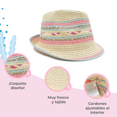 SOMBRERO FEDORA BEIGE DETALLE DE LÍNEAS MULTICOLOR PARA NIÑA