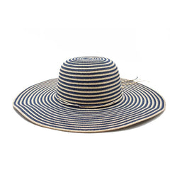 SOMBRERO PAMELA A RAYAS AZUL Y BEIGE DETALLE DE CINTA