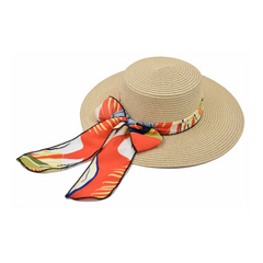 SOMBRERO BOATER BEIGE CON CINTA NARANJA