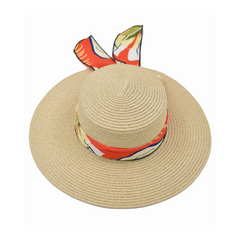 SOMBRERO BOATER BEIGE CON CINTA NARANJA