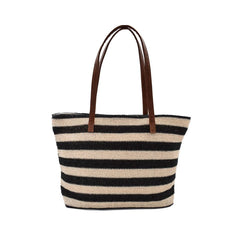 BOLSA DE PLAYA CON LINEAS BLANCAS CON NEGRO ASA CAFÉ