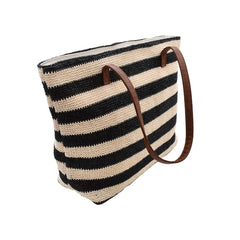 BOLSA DE PLAYA CON LINEAS BLANCAS CON NEGRO ASA CAFÉ