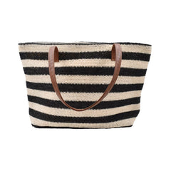 BOLSA DE PLAYA CON LINEAS BLANCAS CON NEGRO ASA CAFÉ