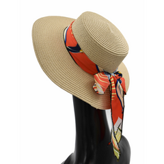 SOMBRERO BOATER BEIGE CON CINTA NARANJA