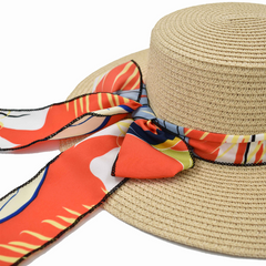 SOMBRERO BOATER BEIGE CON CINTA NARANJA