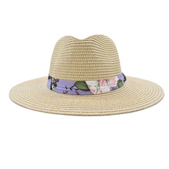 SOMBRERO FEDORA COLOR BEIGE DETALLE DE CINTA FLORAL LILA