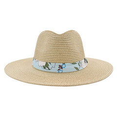 SOMBRERO FEDORA COLOR BEIGE DETALLE DE CINTA FLORAL AZUL