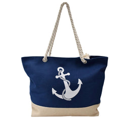 Bolsa Tote de Playa Azul Marino Detalle de Ancla Fondo Beige