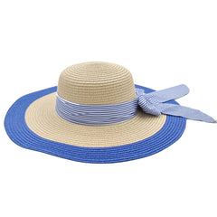 SOMBRERO PAMELA BEIGE DETALLE EN AZUL CINTA DE RAYAS CON MOÑO