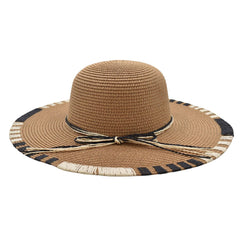 SOMBRERO PAMELA CAFÉ DETALLES BEIGE Y NEGRO CINTA CON MOÑO