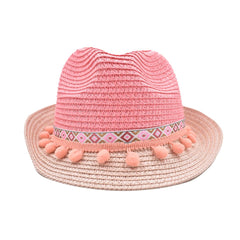 SOMBRERO FEDORA EN TONOS ROSAS DETALLE DE CINTA CON POMPONES NIÑA