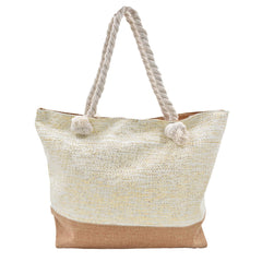 Bolsa Tote de Playa Beige Detalles Tejidos Dorados Fondo Café