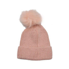 Gorro rosa, tejido trenzado, con dobles, pompon a tono