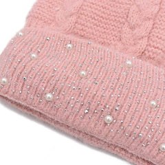 GORRO CON PERLAS Y DOBLE POMPÓN PELUCHE ROSA